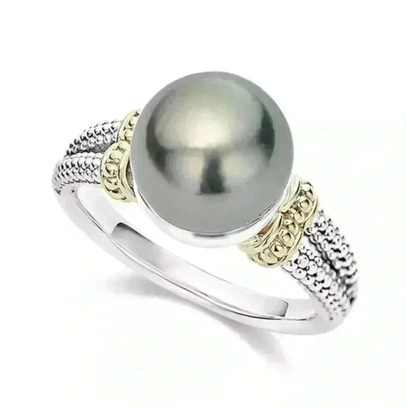 New Beautiful Two-Tone Gold/925 Silver Cultured Black Pearl Ring - Picture 2 of 5